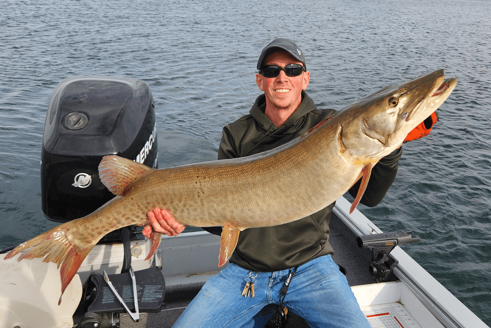 Man sitting on boat with cap on holding very large fish